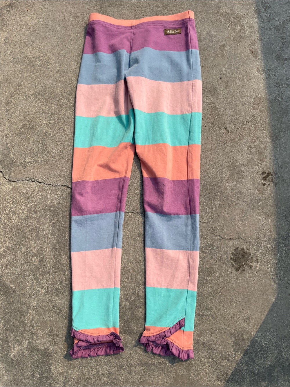 Matilda Jane Purple, Teal, Pink and Coral Wide-Stripe Ruffle Hem Leggings